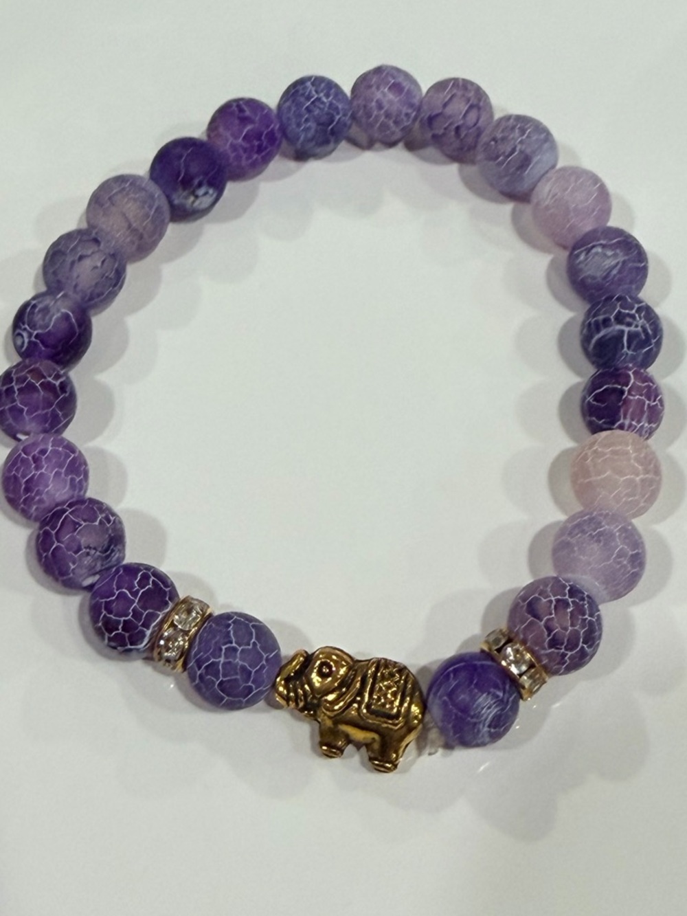 Purple Agate Beaded Bracelet with Gold Elephant Accent